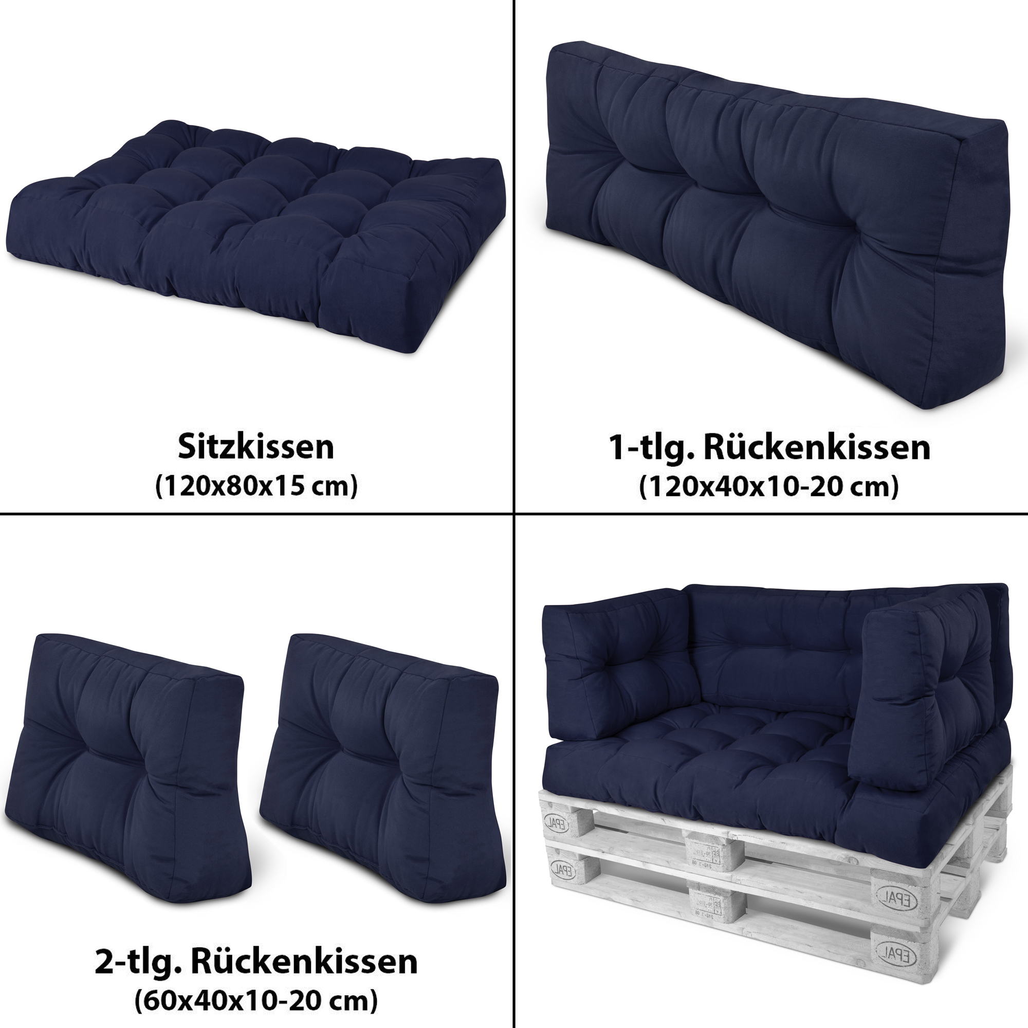 GERSO Palettenkissen Rückenlehne 50 cm und Sitzkissen 80 cm in blau für  Paletten, kein billige PU-Matratze - Kein Memory-Effekt